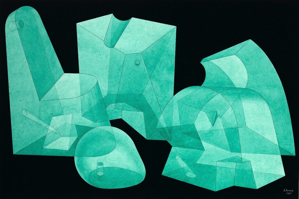 Kenneth Adfield - Study of three dimensional green transparant forms on a black background