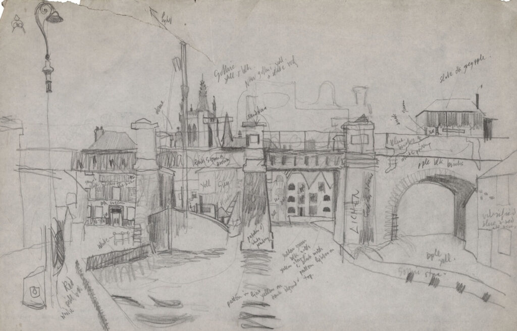 Kenneth Rowntree - Townscape with bridge over river