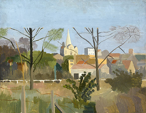 Kenneth Rowntree - Village scene with pollarded trees