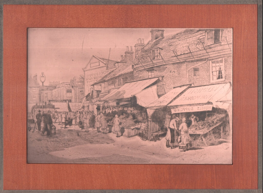 May Tremel - Street scene with Shepherd's Bush Palace and Kemmish fish monger