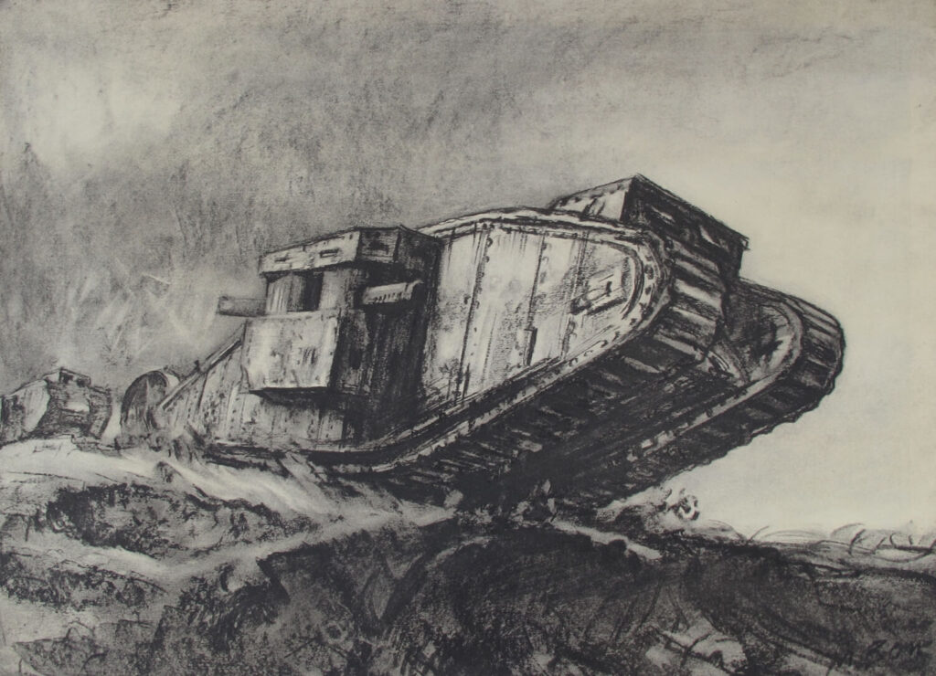Muirhead Bone - A female Mark I tank is crossing No Mans Land.