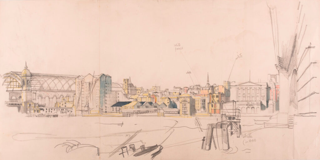 Muirhead Bone - Thames between Southwark Bridge and Cannon Street railway bridge