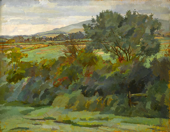 Percy Horton - Hilly landscape with tree and bushes in the foreground