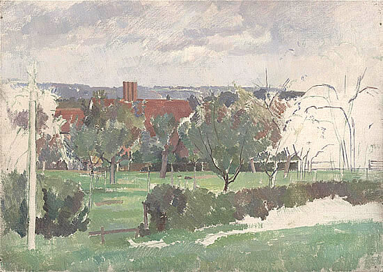Percy Horton - Red roof and chimneys across orchard