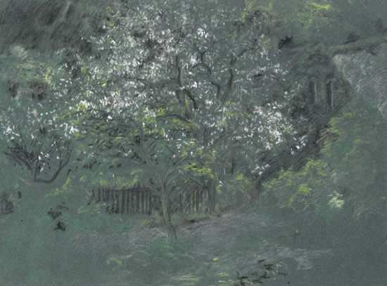 Percy Horton - Tree with white blossom in a fenced garden in the woods
