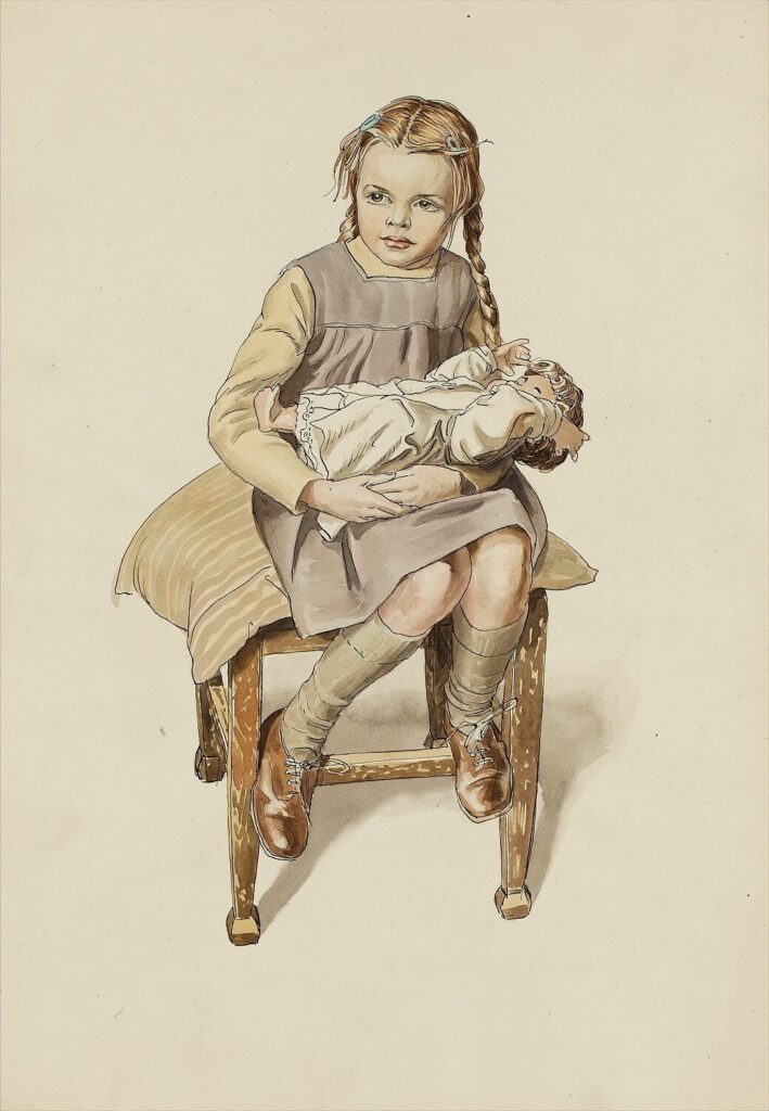 Raymond Sheppard - Crsitine seated on a stool with doll caled Sylvie c. 1950