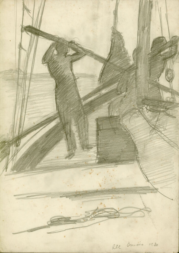 Richard Carline - Sailors manning the sails of the Grace Harwar