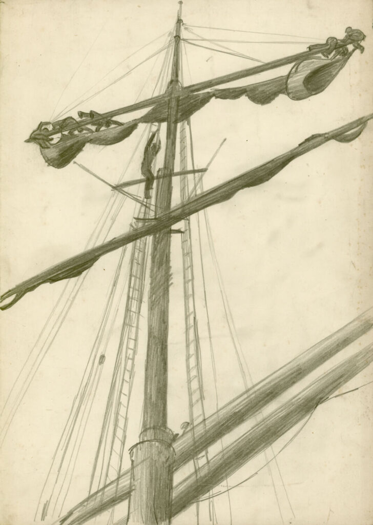Richard Carline - Three sailors working on the mast of the Grace Harwar