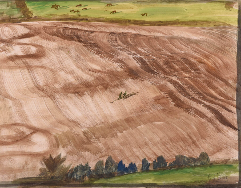 Rudolf Sauter - Aerial view figures walking through ploughed field