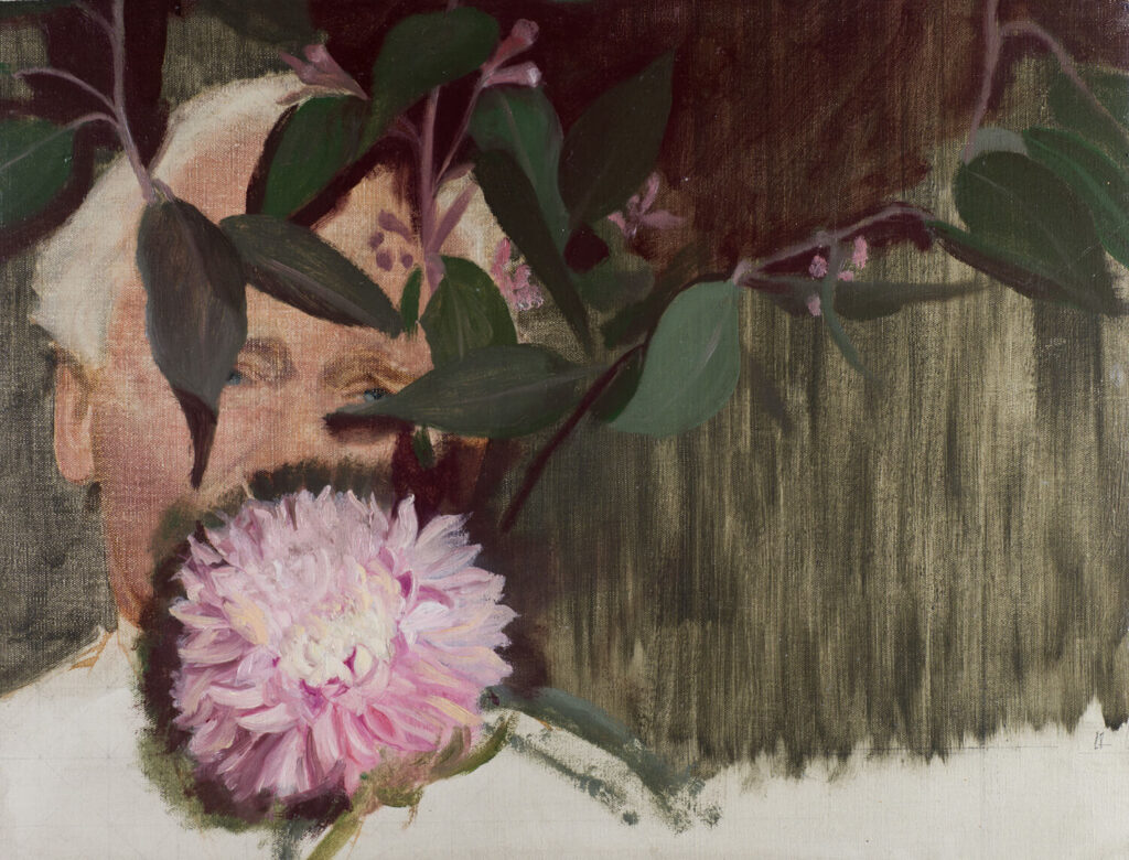Sir Gerald Festus Kelly - Studio portrait with a pink chrysanthemum