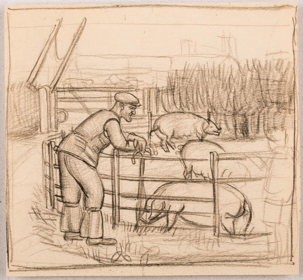 Stanley Lewis - Farmer leaning on a fence tending his pigs