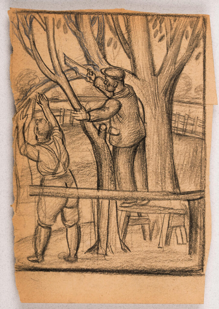 Stanley Lewis - Men cutting a limb from a tree