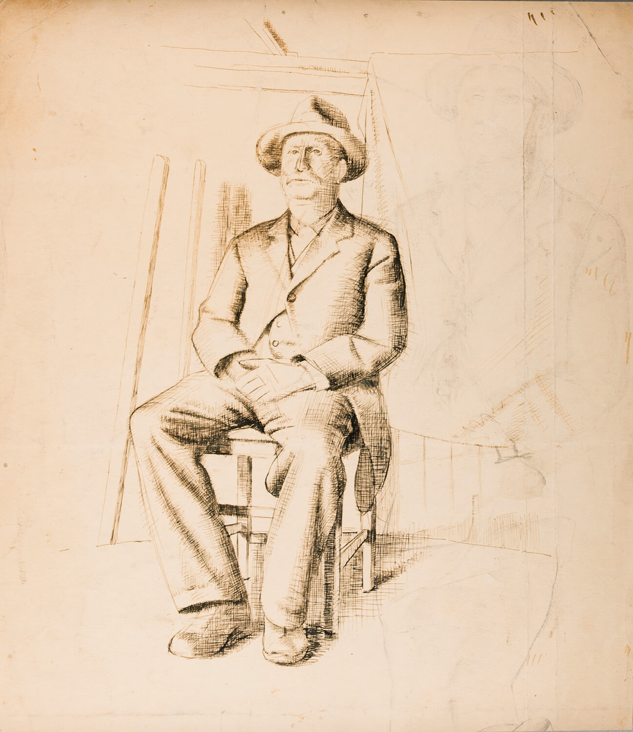 Study for Hyde Park, circa 1930, seated man seated extreme right ...