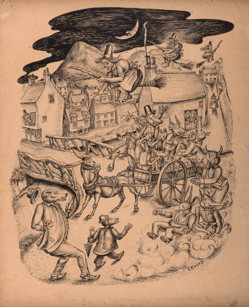Stanley Lewis - Whiches on broomsticks over a village