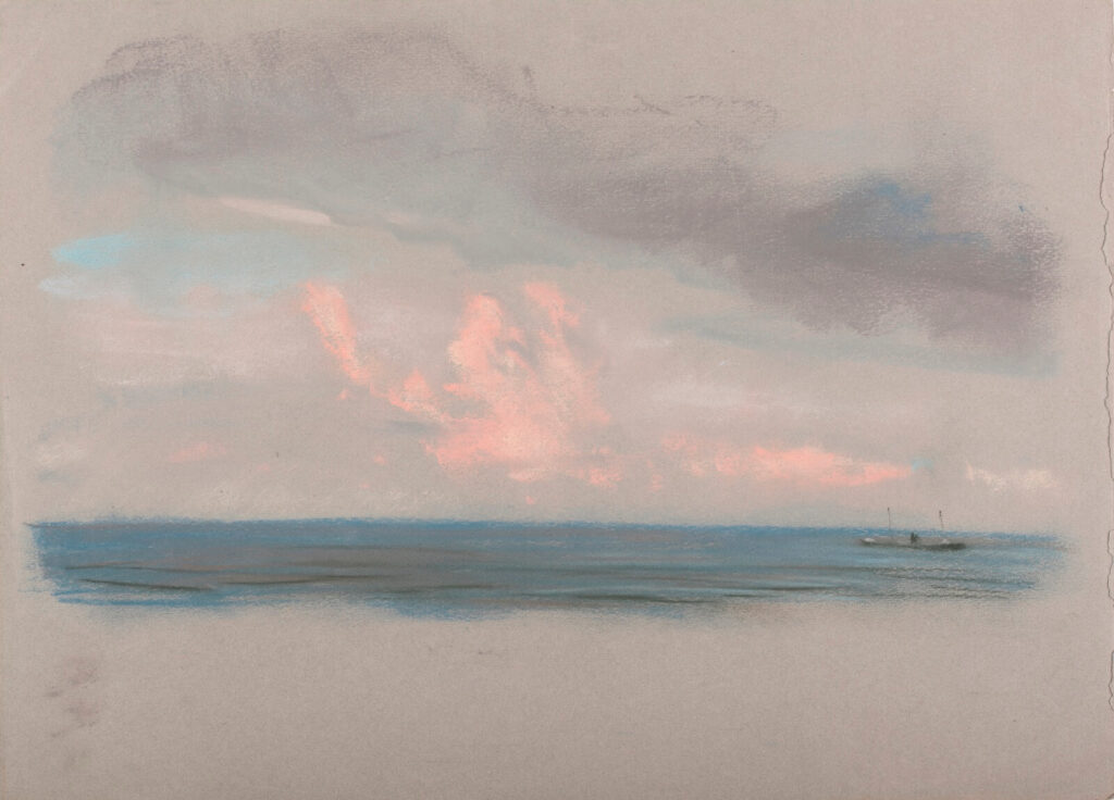 Stephen Bone - Ship on the horizon with pink clouds