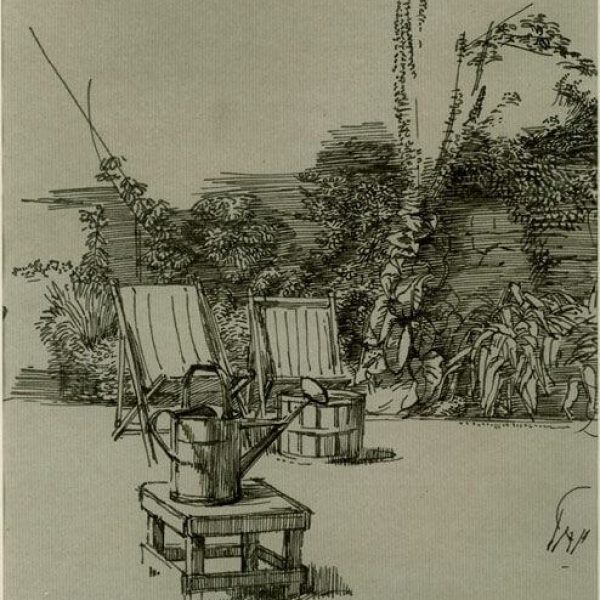 Charles Mahoney - Two deckchairs and a watering can in a garden