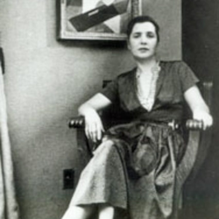 Esphyr-Slobodkina-seated-in-front-of-Irish-Elegy-circa-1948